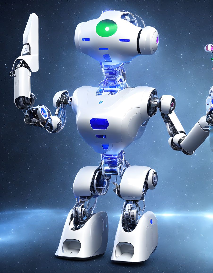 Futuristic white and blue robot with green light in space