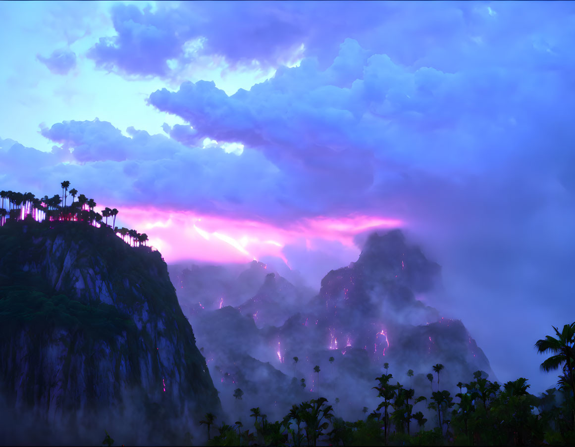 Mystical landscape with towering cliffs, dense forest, and vibrant purple sky