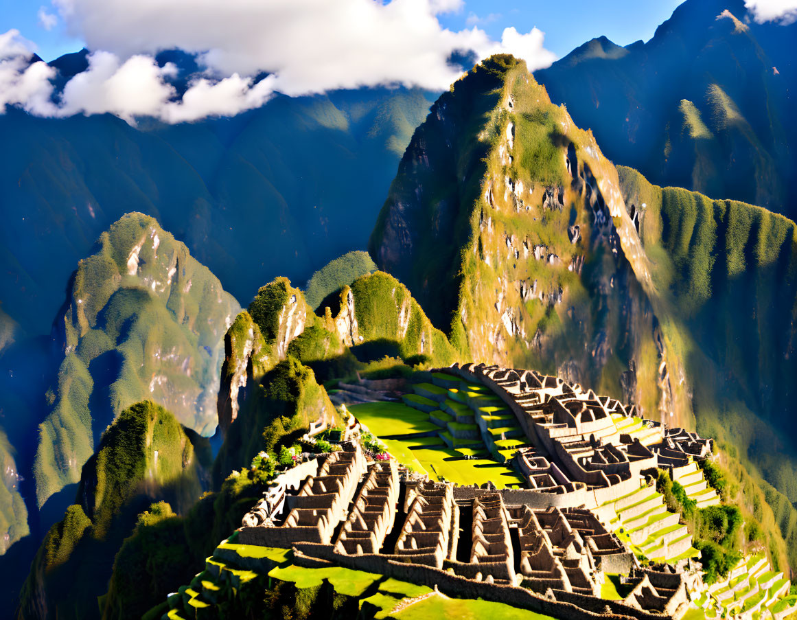 Ancient stone terraces and walls of Machu Picchu amid green mountains