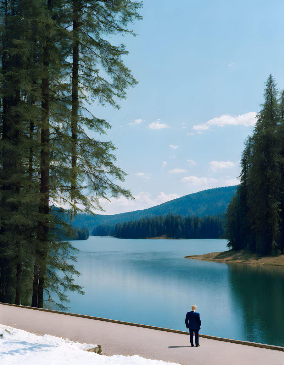 Businessperson at Mountain Lake with Snowy Forest Scenery