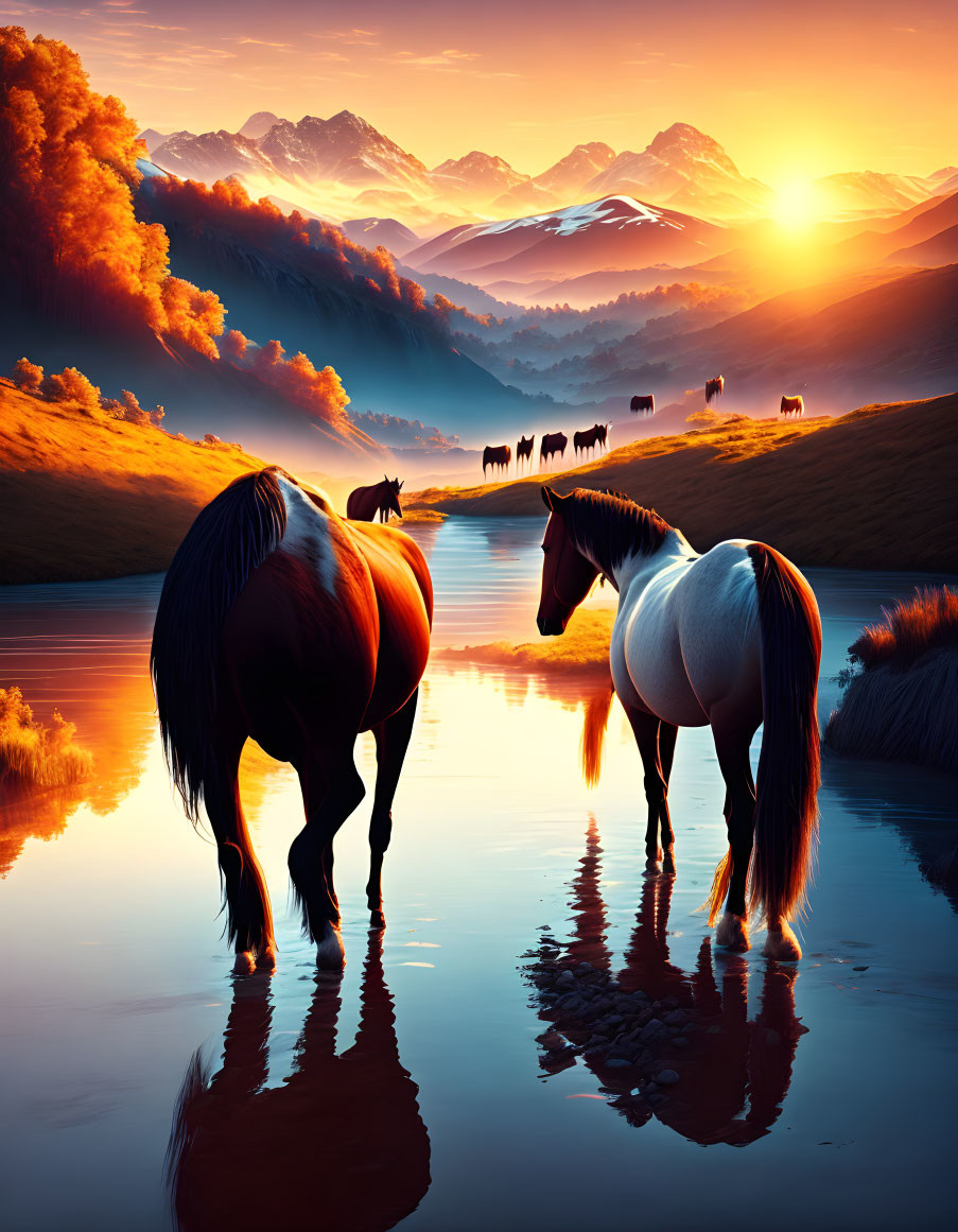 Tranquil river scene with horses and sunset reflection