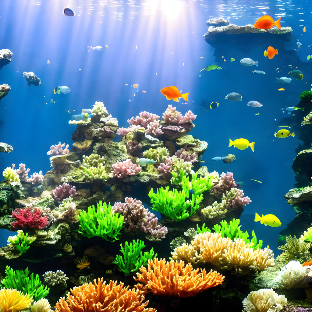 Colorful Coral Reefs and Tropical Fish in Sunlit Underwater Scene