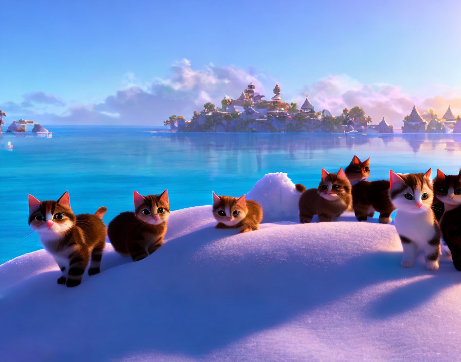 Multiple kittens with large eyes on snowy ledge overlooking village & blue sky