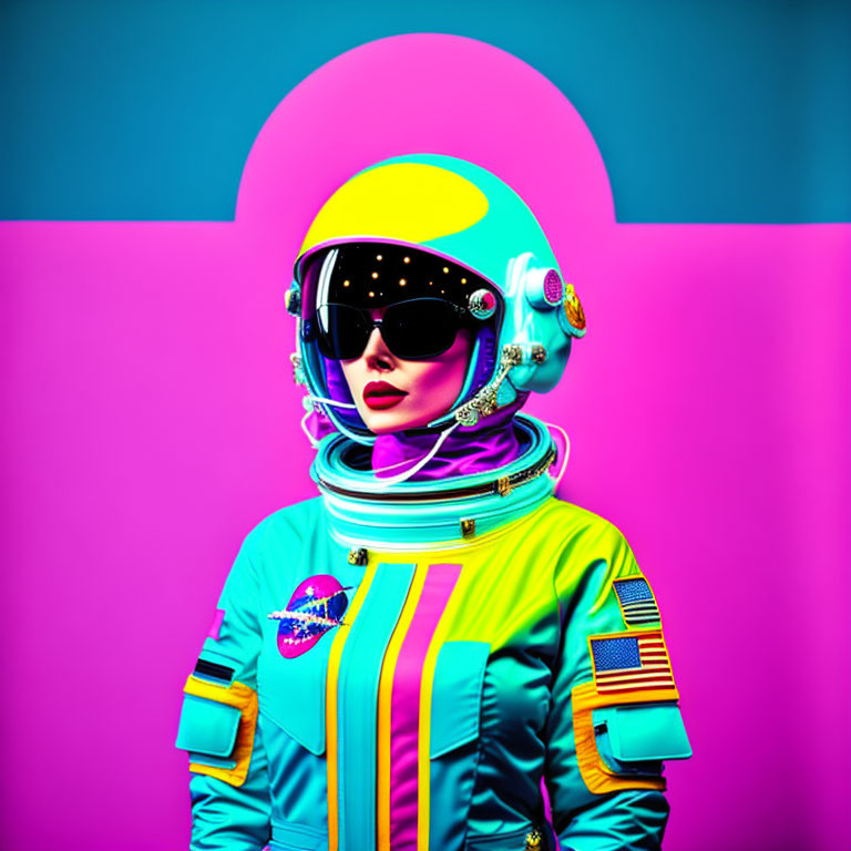 Colorful astronaut portrait against retro-futuristic backdrop