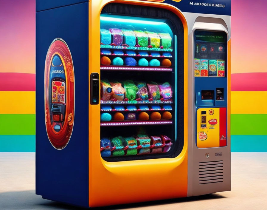 Colorful vending machine with snacks and drinks on vibrant background