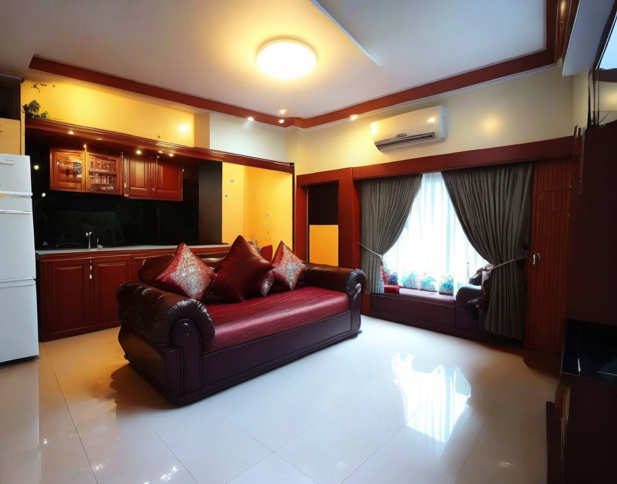 Modern Living Room with Maroon Sofa, White Floor Tiles, Wooden Cabinets, and Large Windows