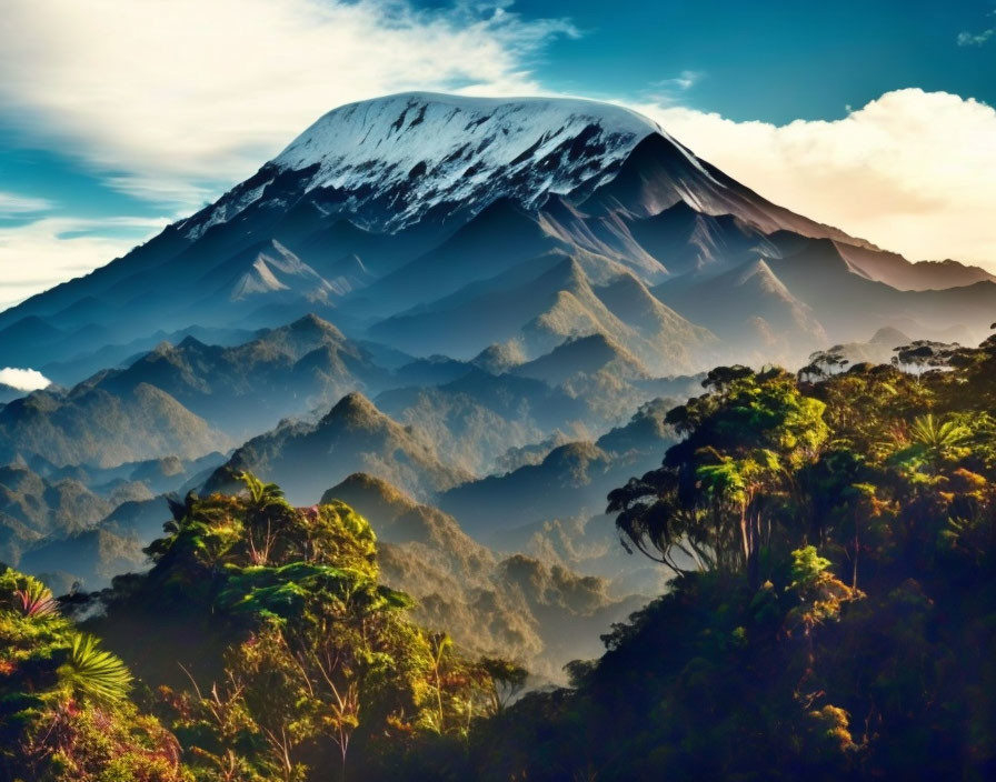 Snow-Capped Mountain Over Lush Forest and Soft Lit Sky