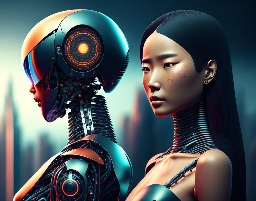 Female androids with exposed mechanical neck details and colorful visor side by side