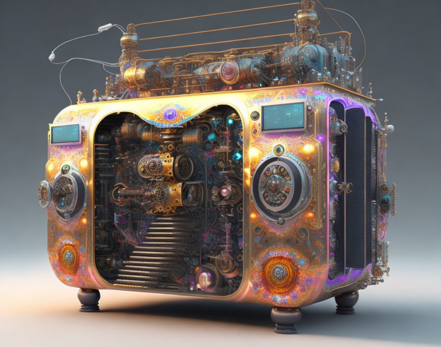 Detailed 3D rendering of steampunk-inspired radio with glowing elements and intricate gears