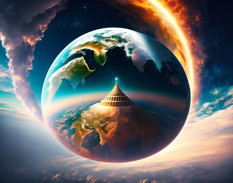 Surreal Earth image with cosmic backdrop and pagoda-like structure