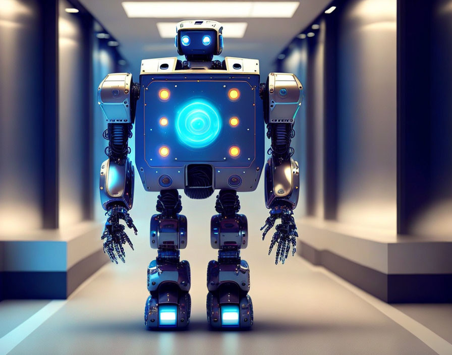 Futuristic robot with blue circle in sleek corridor