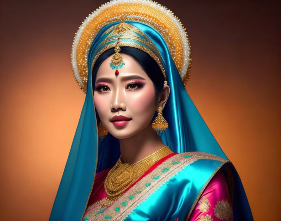 Traditional South Asian Attire with Elaborate Gold Jewelry & Blue Headpiece