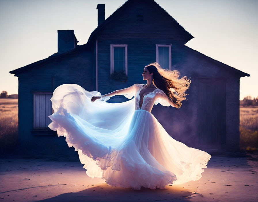 Woman twirls in white dress at twilight with old house in background