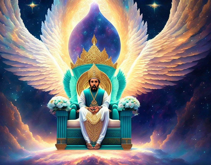 Majestic figure on throne with wings in cosmic setting