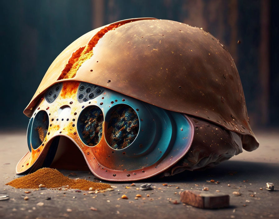 Rusted helmet with goggles on gritty surface and debris