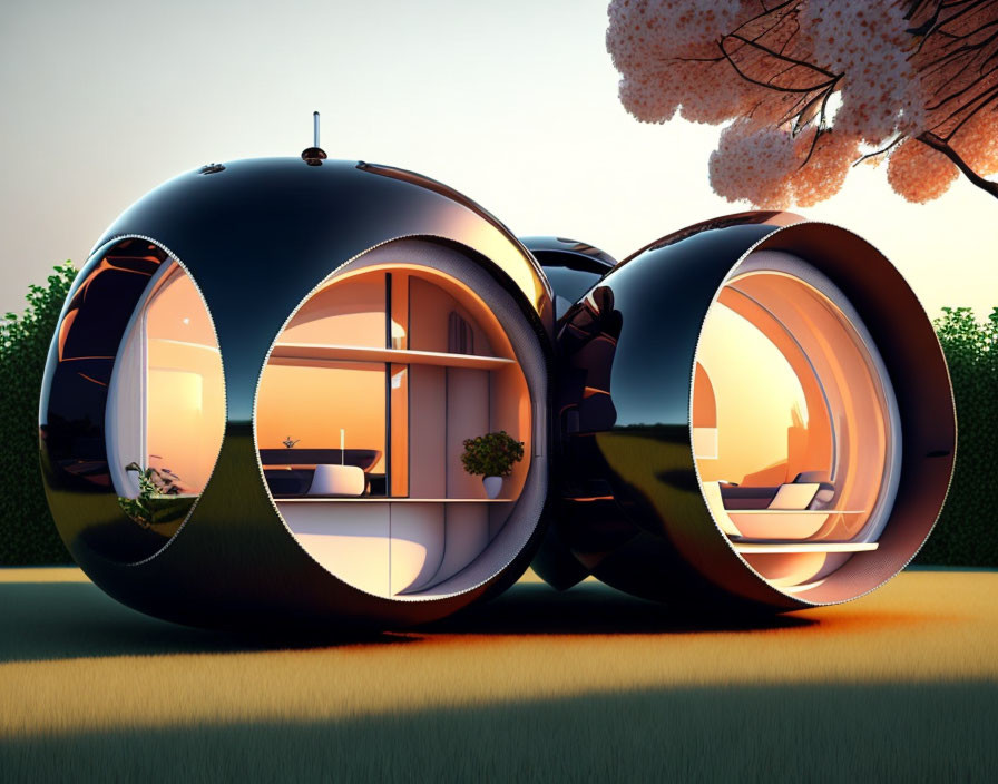 Modern modular house with circular windows in twilight landscape