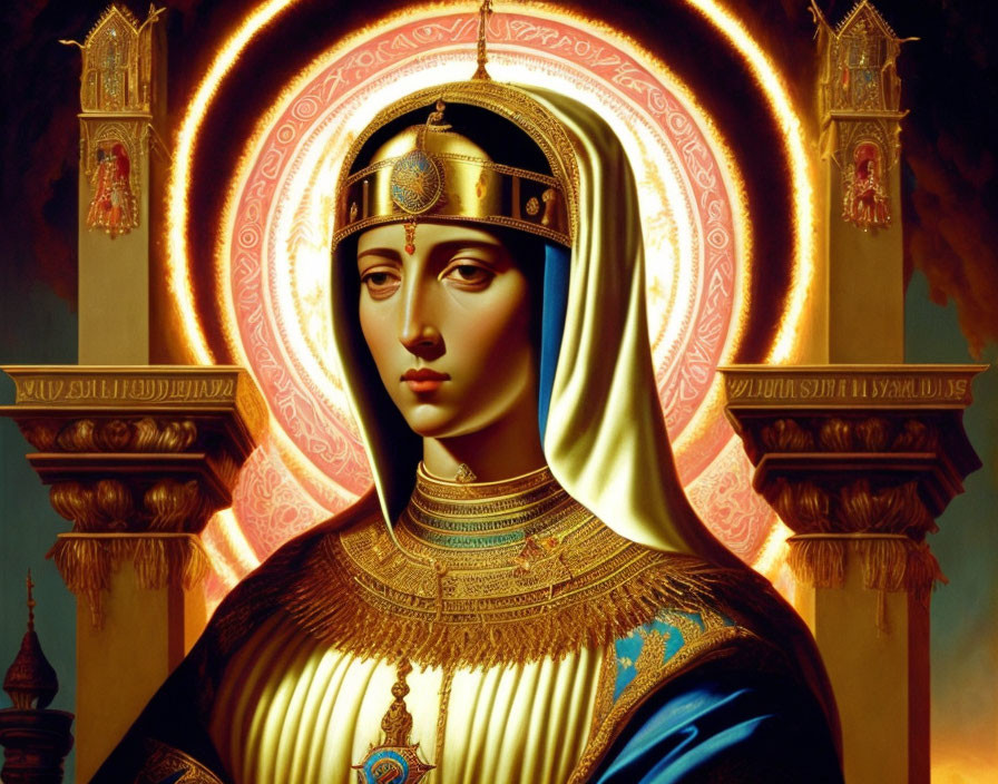 Female Saint Painting: Iconographic Depiction with Halo and Regal Attire