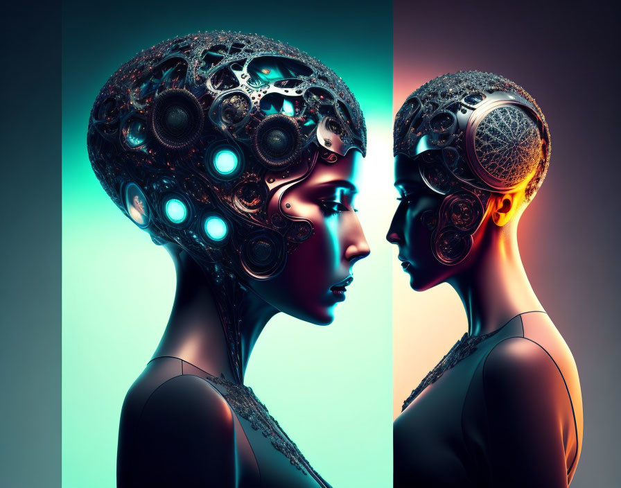 Female figure with futuristic mechanical head design on dual-toned background