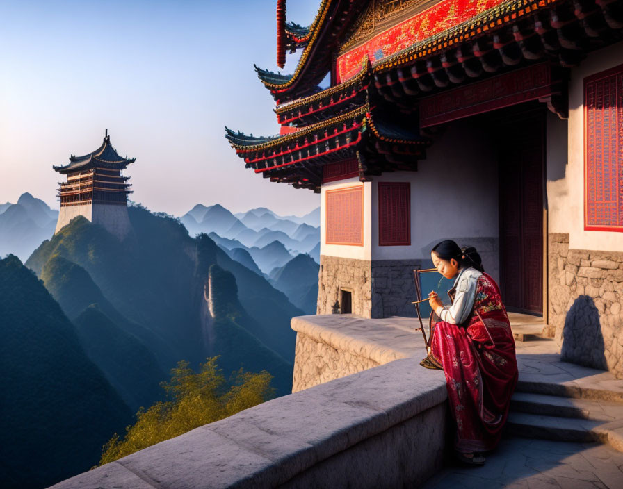 Person in traditional attire writing or drawing by temple at sunrise