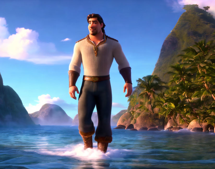 Male animated character on water with tropical island backdrop, smiling in white shirt.