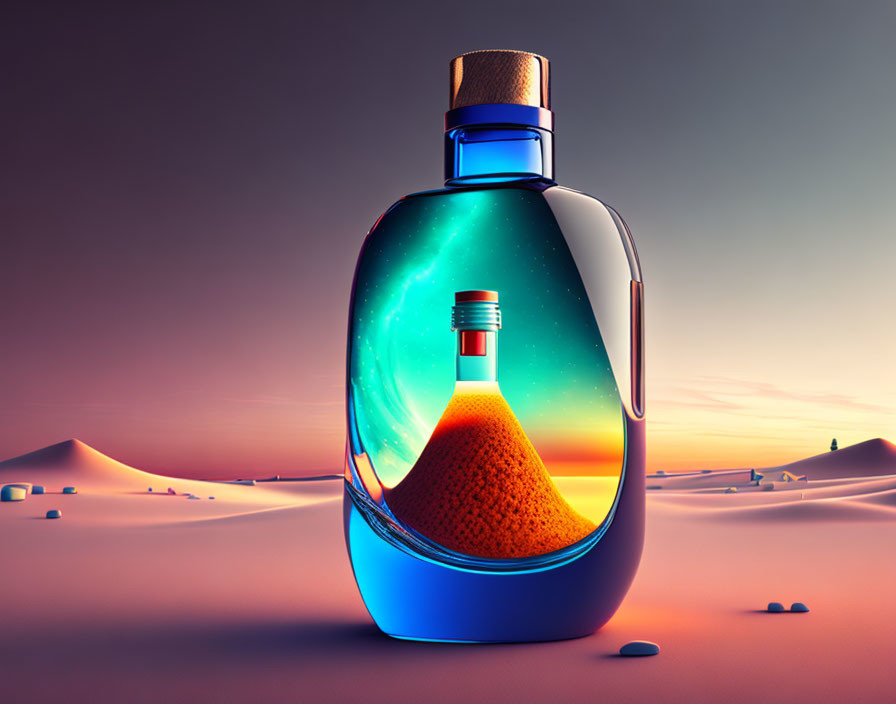 Vibrant liquid landscape in bottle: desert dune under sunset sky