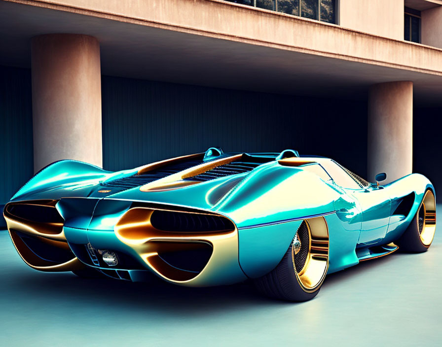 Futuristic blue and gold car with aerodynamic design and exposed wheels