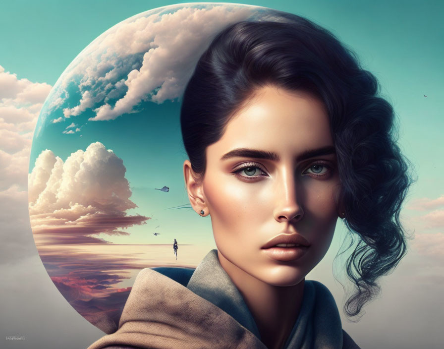 Surreal portrait of woman with striking features against sky backdrop