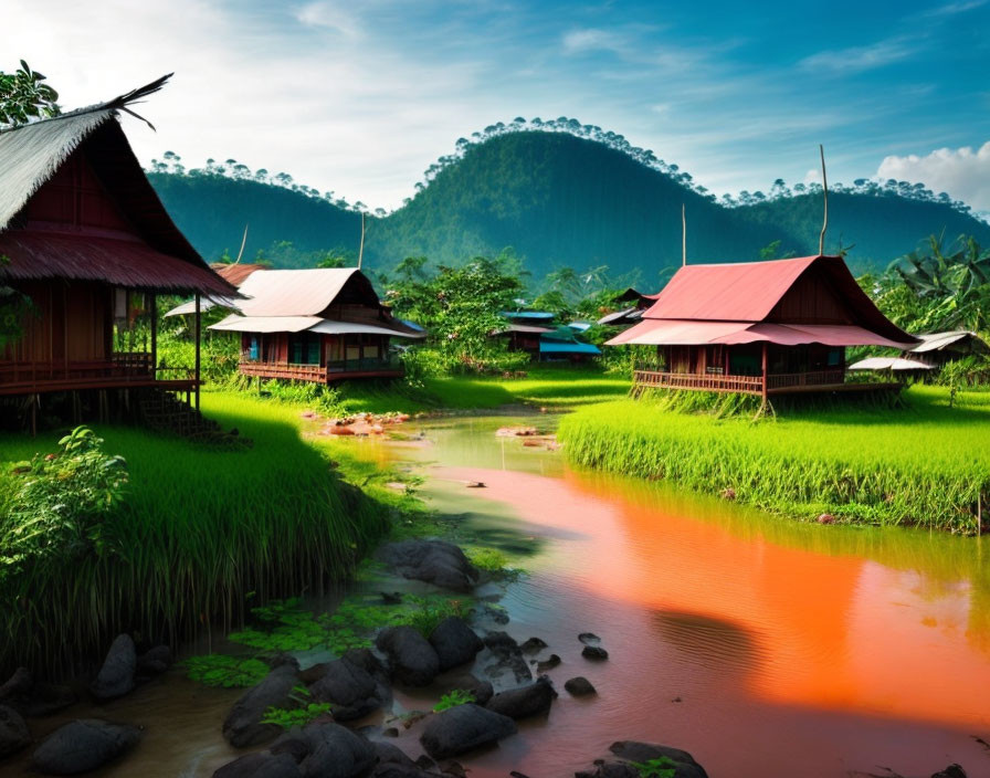 Scenic traditional houses near river with red roofs, lush greenery, and hills under blue sky