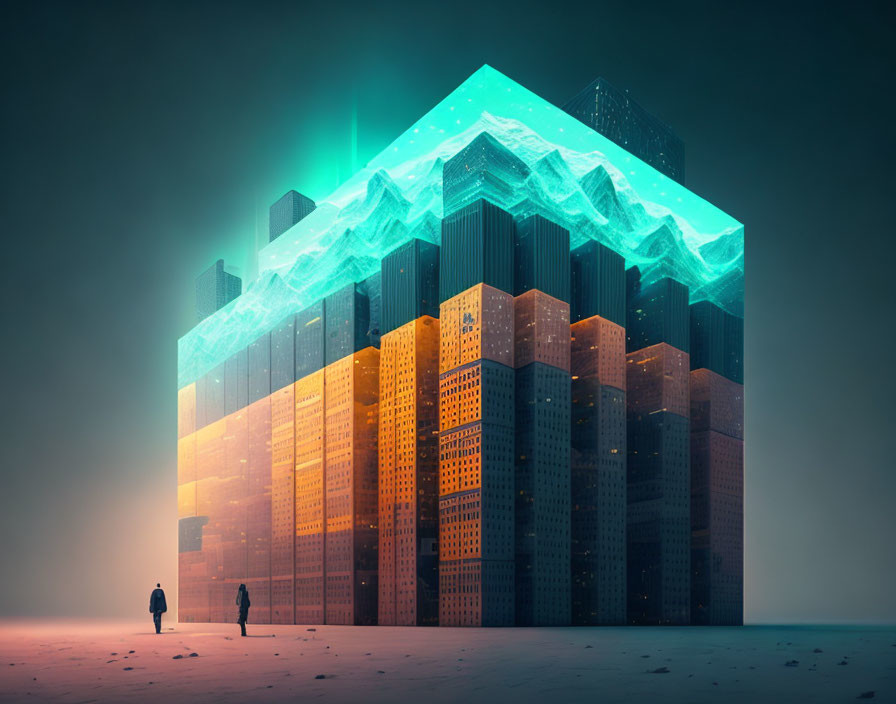 Surreal image of people walking towards glowing cube structure