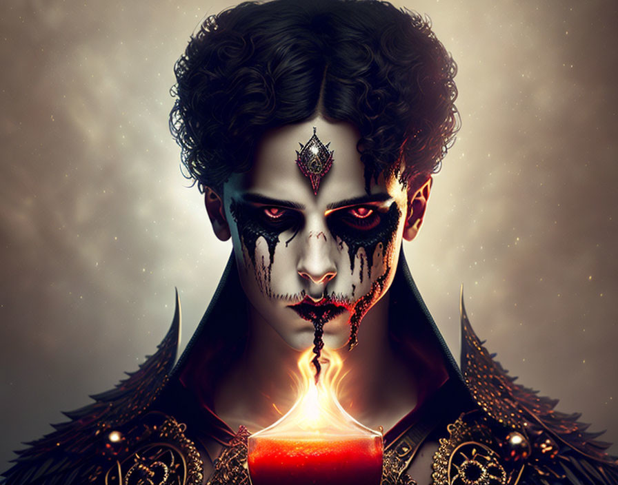 Gothic portrait of person with face paint, jewel, ornate collar, holding glowing object