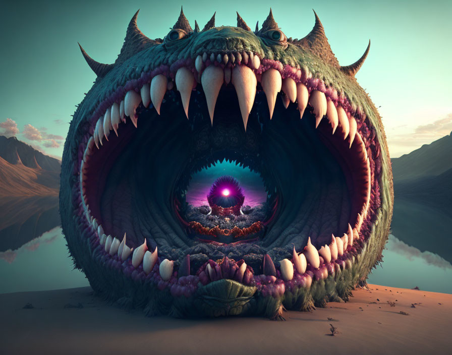 Monstrous creature with multiple eyes and sharp teeth in surreal desert landscape