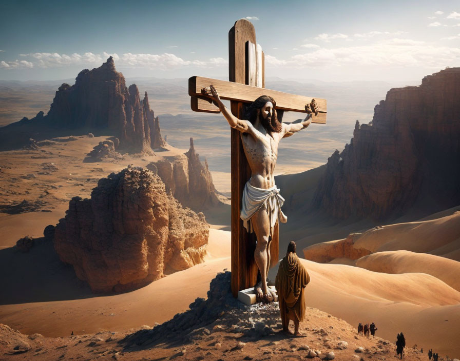 Religious artwork of Jesus on cross in desert setting