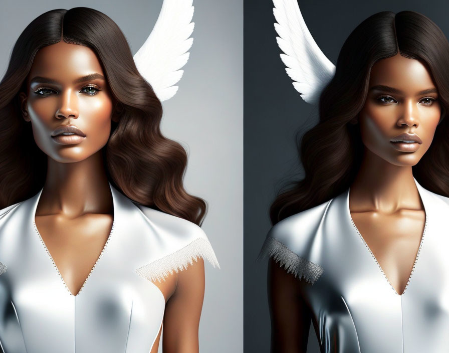 Digital artwork: Woman with mirrored angelic wings, flawless skin, blue eyes, flowing brown hair