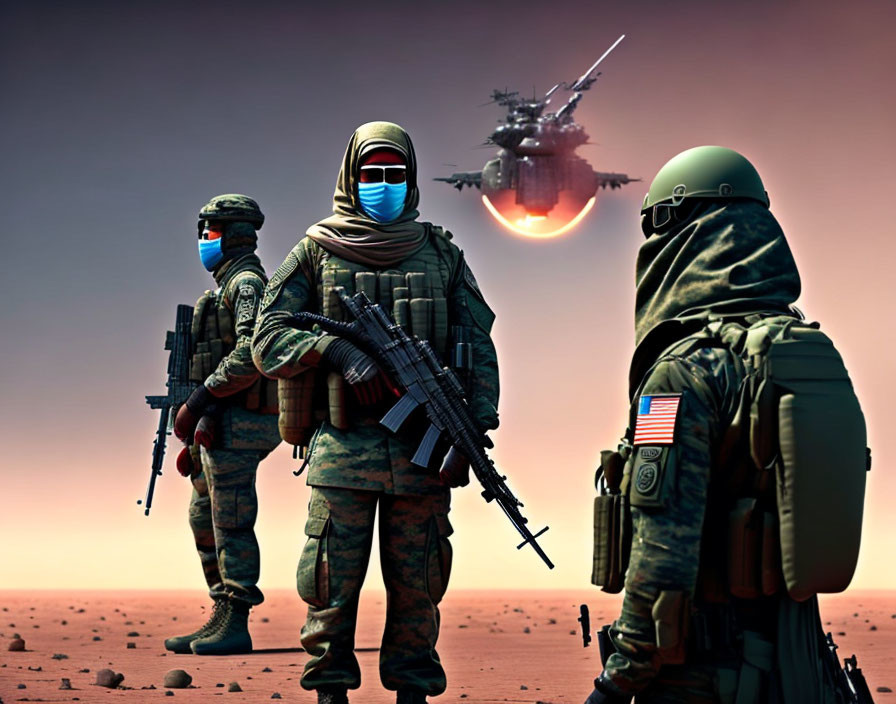 Three soldiers in desert camo gear with face coverings in front of fiery explosion and helicopter.