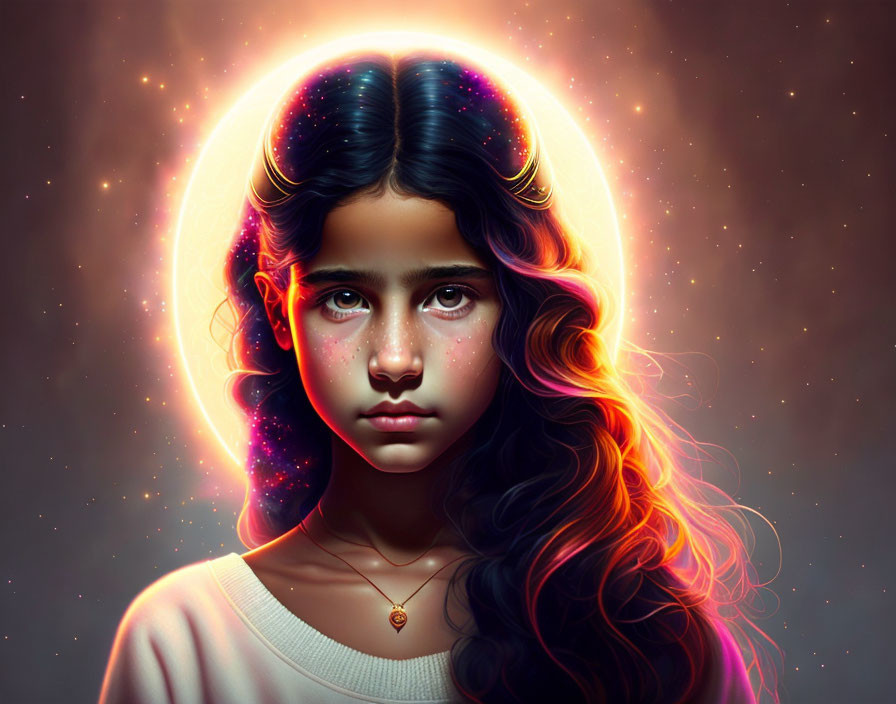 Young girl with dark hair and cosmic-themed halo in digital artwork