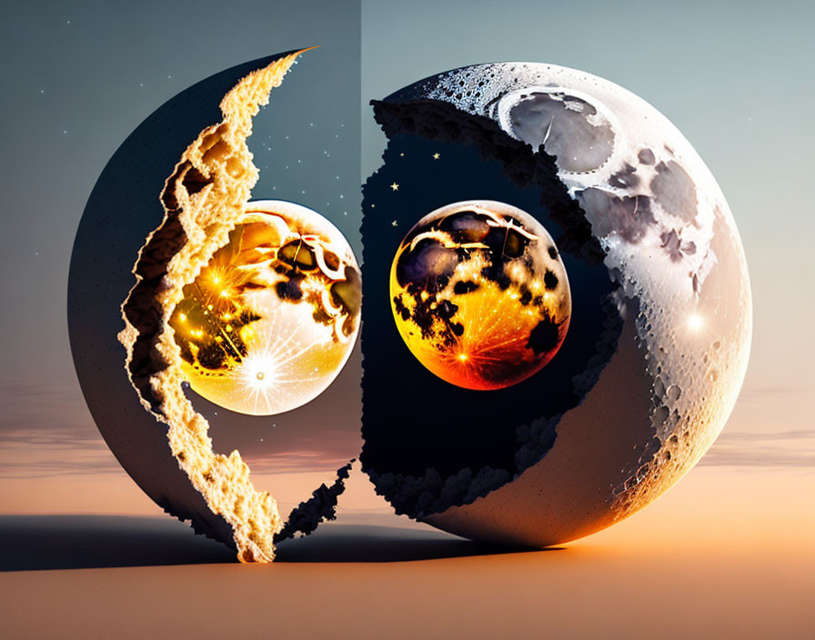 Surreal image of split sphere: lava and ice against dusky sky