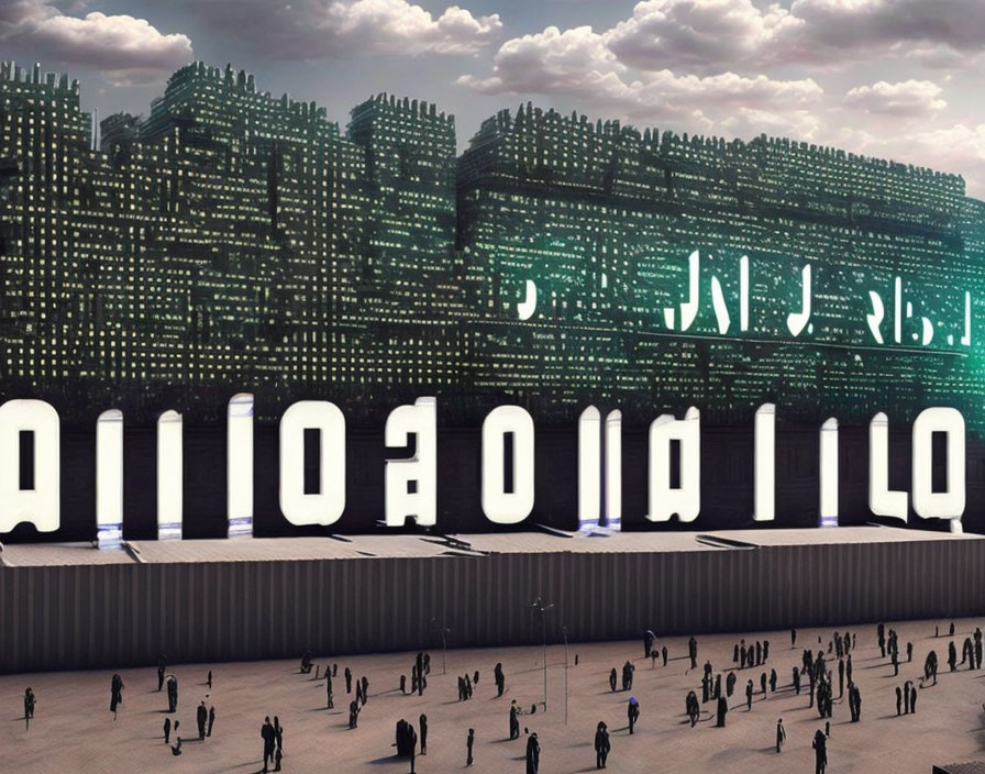 Futuristic cityscape with illuminated buildings and mirrored text effect