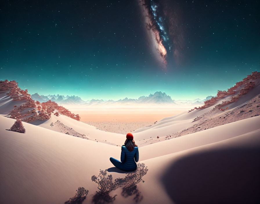 Person in Red Hat Contemplating Starry Desert Night