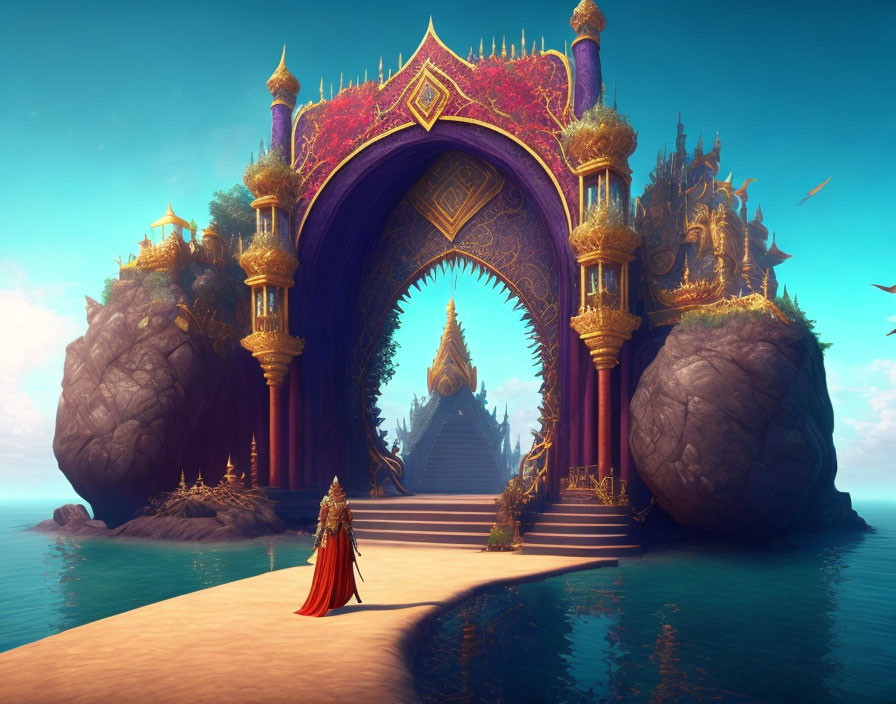 Person in red cloak at golden-trimmed beach gateway to mystical temple