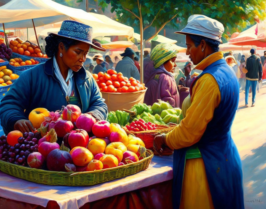 Women at colorful fruit market stand selecting and tending fruits