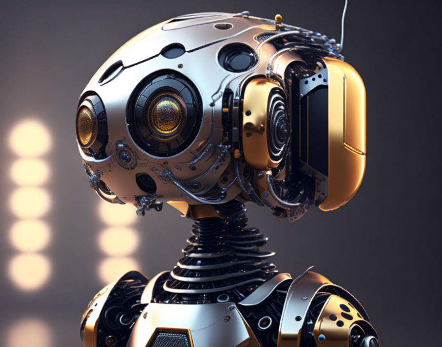 Detailed Robotic Head with Multiple Lenses on Bokeh Background