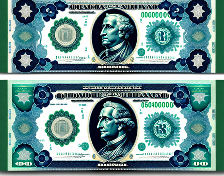 Blue Currency Notes Featuring George Washington Portrait and Ornate Designs