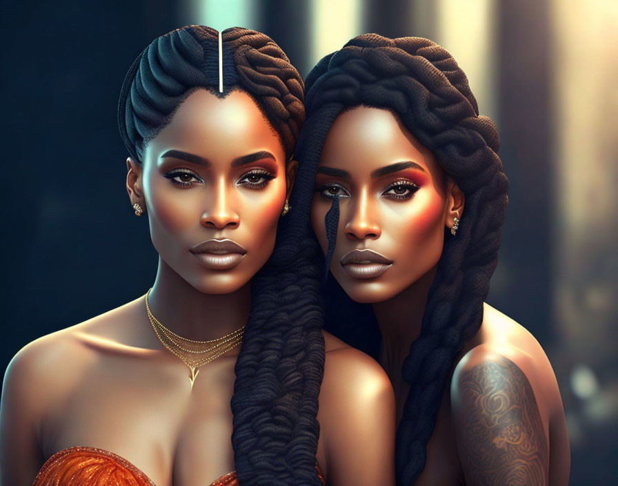 Two women with elaborate braided hairstyles and striking makeup in digital artwork.