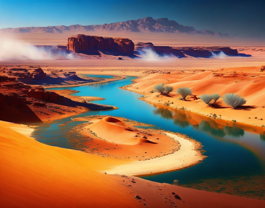 Orange sand dunes meet blue river in desert landscape