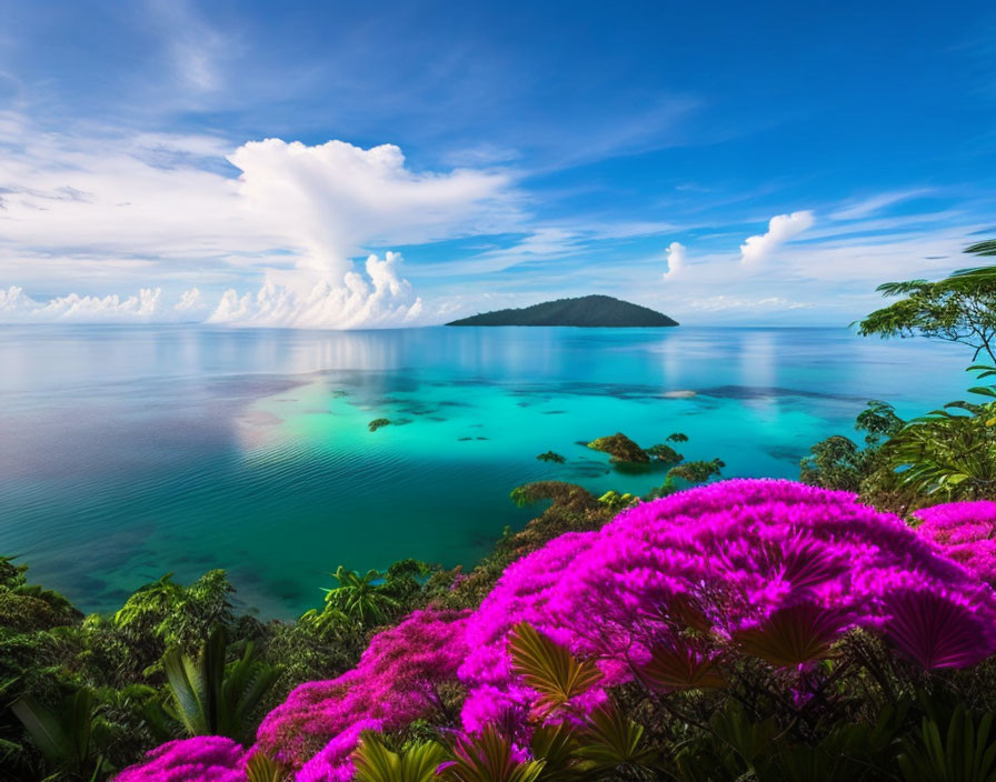 Pink Flowers and Blue Ocean with Green Island and Cloudy Sky