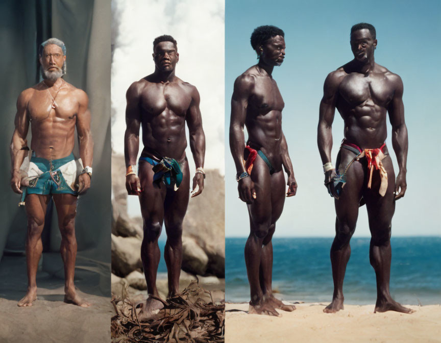 Four men in traditional loincloths on sandy beach