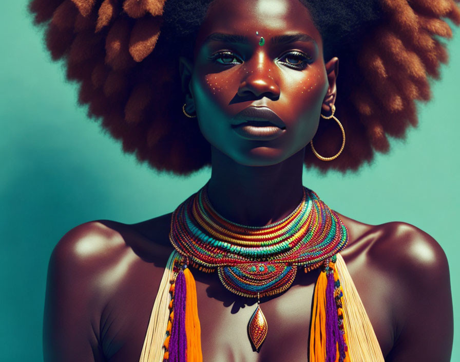 Vibrant makeup and jewelry on woman with afro against teal background