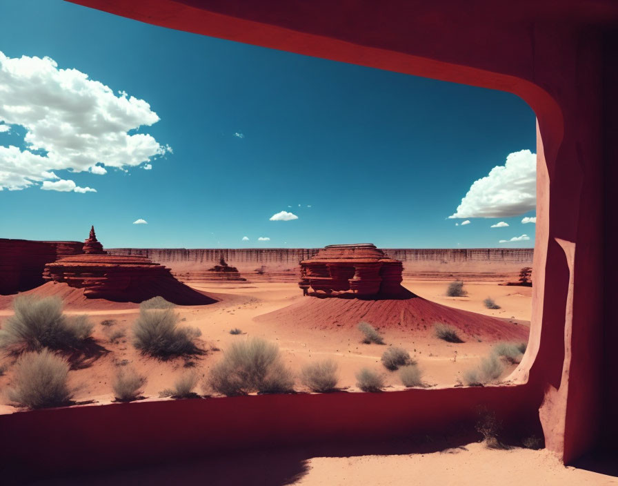 Desert landscape with red rock formations and cave opening.