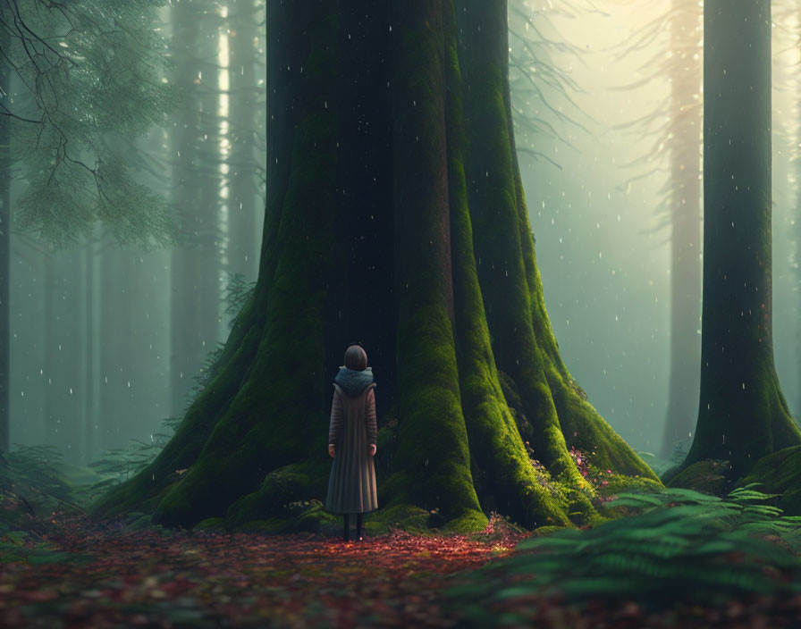 Person in coat standing before large tree in misty forest with sunlight.