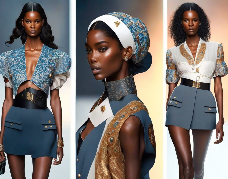 Model showcases elegant high-fashion outfits with intricate patterns and bold accessories